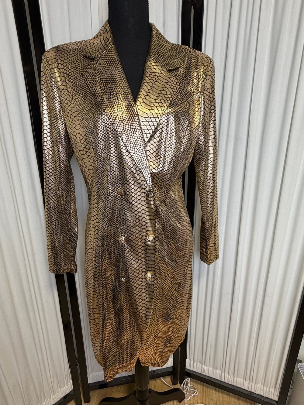 Metallic Gold Snake-Print Double-Breasted Blazer